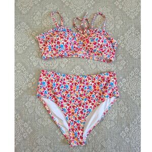 Floral High Waisted Two Piece Bikini Set Ruffled Top Multicolor 2XL NWOT